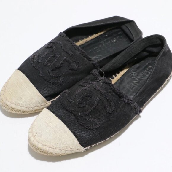 Chanel Black/Beige CC Canvas Cap Toe Espadrilles Size 7.5 US/38 EU - Picture 1 of 13